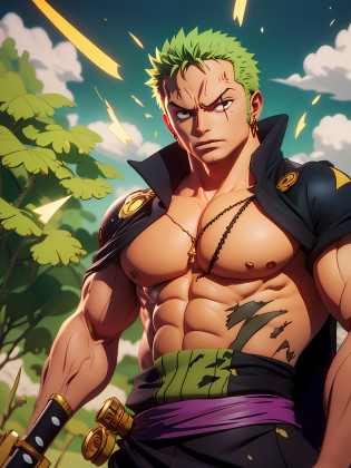 Roronoa Zoro (Obra prima, 4K???, muito detalhado), (Tema de samurai branco, carismatic, there is a swordsman next to a 