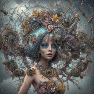 Wantz monster design?intriguing?High color saturation?swirles?Hyper-realistic, Ultra-detailed?Ultra-stereoscopic?MuCoi?Drip style - paint - 1900?tentaculata?round eye?Digital art by Ray Caesar and Hannah Hch and Stephen Burrows, A beautiful young woman in action pose, centered in frame, Wide shot, Lively breasts, Mask, Pop surrealism, neo-dada, Spectacular, spectacle, Masterpiece, Private collection, Featured collections, behans, a 3D render, Cracked clay, Gothic, Bright colors, Supersaturation, Depth, spirals, fibonacci sequence, shells, Flowers, gear wheel, tunnel, surreal environment, Fractal geometry, game assets, City scene, Modern makeup, Long eyelashes, Rain drops, Chiffon dress, Rococo, bangle, Punk rock, Subversive art, Dirty, Dirt, Skiff, Mid-cut jeans, Specular highlights, Pondering, ambient occlusion render, Detailed, Parade Square, ((isoline)), armature, Detailed, elaborate, complex, Desert, Mountains, Cart, The Car, Stormy sky, Moonlight