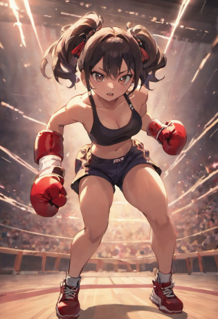 Full-fledged female boxer?full bodyesbian?Ponytail with black hair?Brown-skinned?Black sports bra and shorts?boxing gloves?With a keen eye?Boxing pose?Waist line?black sneaker shoes?Boxing stadiums?20yr old?HDR,depth of fields?Cinema lenses?optimum?moving visuals??s fractal art?1.3?