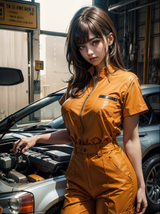 masuter piece, best qualtiy, ((realisitic)), ((1 person)), 8K picture quality, extremely�delicate and beautiful, magnifica, Official art with attention to detail, Ridiculous, unbelievable Ridiculous, huge filesize, ultra-detailliert, ighly detailed, (Beautuful Women), (detailed woman), brown-haired, ((Perfect female figure)), large full breasts, Slim waist, ((I am an auto mechanic)), ((Orange short sleeve mechanic suit)), With bangs, Feminine look, (ssmile), Car repair shop