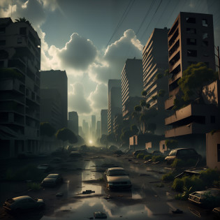 (A photo of a city after the zombie apocalypse, many destroyed cars and plenty of vegetation between the streets, large buildings destroyed, the sunlight reflecting on the glass of the buildings and cars):0.8, (dramatic sky+dark atmosphere:1.2),(destroyed buildings:1.1+debris+scattered objects:1.1), (overgrown vegetation:1.05+twisted plants:1.05), (wandering zombie:0.8), heavy shadows, Vignette:1.1.