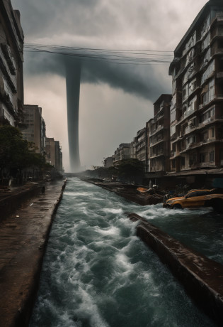 Underground water pipes?Industrial pollution?Sewage discharge?Waterspout?tidal waves?Tornado?typhoon?swell sea?Armageddon?Greatwave????disrupt??lakes?high level of water?Bottomless?The run-down city creates a cinematic apocalyptic cityscape