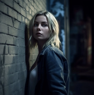 A beautiful blonde girl leaning against a wall in a dark alleyway in a film directed by Vince Gilligan