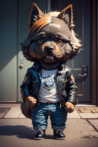 C4tt4stic,Cartoon Scottish Terrier Dog Riding Harley-Davidson in leather jeans?The specifics of the appearance of the Scottish Terrier dog?Lunette de soleil?