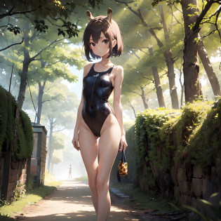 girl, 18 years old, very thin, very tall, slender, tiny breasts, flat breasts, tiny waist, long legs, very thin legs, separated thighs, one-piece swimsuit with giraffe print, giraffe ears, giraffe tail, wearing high heels, in a forest,
