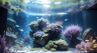 Giant aquarium in an aquarium?Lavender everywhere at the bottom of the aquarium?top-quality?in 8K??masterpiece?a picture?Photorealsitic?Raw photography?top-quality?high-detail?????photos realistic?Professional color correction