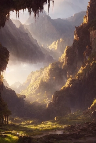 the lost valley, landscape, alex ross, eddie mendoza, raphael lacoste, sebastian ludke, concept art, matte painting, highly detailed, rule of thirds, dynamic lighting, cinematic, detailed, magnificiant landscape, denoised, centerd