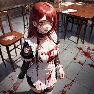 1girl, red bright pupils, vista, panorama, maid outfit, white blood-stained stockings, hair stained with blood, medium breasts, blood tears, blood stained face, blood stained on clothes, gloomy atmosphere, core shadow, low light, dark background, full body panorama, panic, devil's corner, standing, red, in a restaurant, tables and chairs around, tables and chairs turned over, fight marks, blood on the ground, blood stains on the wall, murder weapon, creepy, desperate, super delicate face, 8k, masterpiece --auto --s2