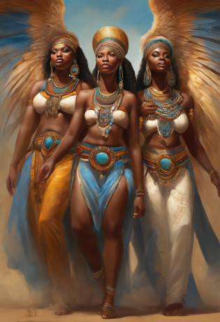 A stunning digital painting capturing the essence of African culture and spirituality, where 3 female dancers don angelic wings while performing a sacred dance. The dancers' expressions convey reverence and celebration, encapsulating the harmony of earthly and celestial realms. ((beautiful females)), (( curvy body)), ((well detailed facial features))., ((big bust)), ((big bosom)), (big thighs), ((transparent clothes)), ((piercing teats)), Wide angleView: Digital illustrators, African cultural themesRender Style: Detailed characters, celestial elementsResolution: 8K, Grande profundidade de campo, Arte Digital, obra prima, Qualidade UHD