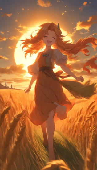 1 girl,themoon? Solo, Long orange hair, Running, (High wheat fields), Turning around, Emerald eyes, Long blue dress, Middle Ages, medieval clothing, Long-sleeved sunset, Light from behind, Shadows on characters, Smile, Laughter, (Blue sky), Against the background of wheat, Stand far away, looking at viewert, whole-length