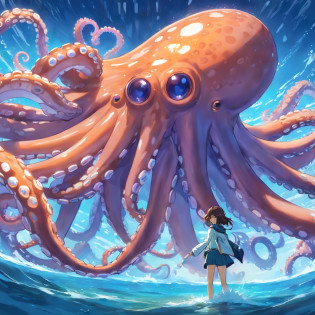 cephalopod, blue tentacles?Com uma faixa vermelha ardente, Chifres de minotauro azul-esverdeados, olhos amarelos brilhantes brilhantes, No telhado do forno, master part, best quality?Pernas de polvo muito longas?Realistic?