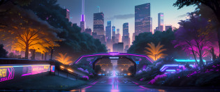 Imagine Central Park, New York as a scene from a cyberpunk dystopia. The park's natural elements are replaced with high-tech, bio-engineered flora that emit neon light. The pathways are illuminated with embedded LED lines, guiding the way through the park. The surrounding buildings are towering structures of steel and glass, adorned with holographic advertisements. The style should be inspired by the video game 