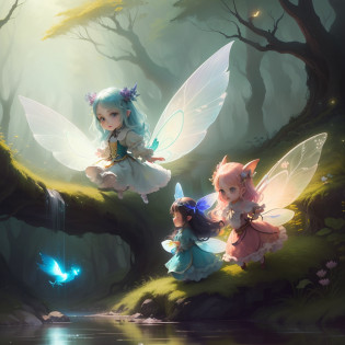 In the fairy forest inhabited by beautiful elegant fairies?Three little fairies dancing?Flying over a stream?The story is full of magic?Depict a fairytale-like fantasy art world?The fairies look like cute digital paintings.?It turns out that even evil fairies have wings?