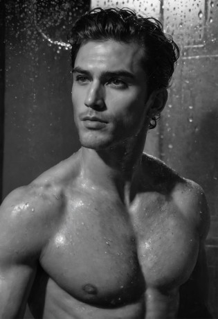 vogue photography?Handsome and strong Brazilian male model standing in glass bathroom shower,Sweaty, Water droplets from the shower head fall from above, ssmile, waistup, back muscles, glute,Side face, Eyes look into the distance, Tie-up long black curly hair,little beard, Healthy complexion, Strong, big shadows?Strong chiaroscuro?Handsome muscular male model, editorial model, very very roberto ferri, steven klein, underwear ad, Strong mature male, inspired by Adrian Zingg, alex kanevsky, Danila Tkachenko, Melt Arras and Marcus Pigot, Open V chest clothes, vman magazine, Healthy skin and roughness