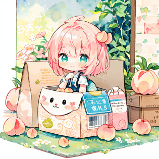 PastelColors:1.5)?(cute illustration:1.5)?(aquarela paiting:1.2)?fundo azul claro?a girl, Girl siting on top a large milk peach box?Esbian of full body inteiro, one cute girl on top a giant milk box, Large peach milk box, smile ?strange?Azul claro por toda parte?Moya?marble?colorido?leite?peach blossom?Milk peach, girl on top a large milk carton, shorts