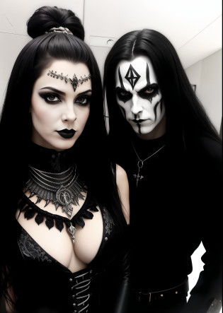 Homem e mulher vestidos de preto posando para uma foto, com pintura facial de metal preto, Black Metal, estilo Black Metal, pintura facial de metal preto, Black Metal Aesthetics, black metal rococo, corpse paint, Marduk, metal escuro, ouro e metal preto, com seus longos cabelos pretos, lo gothic!!, banda de Black Metal cyberpunk, com preto