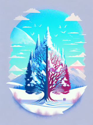 a spruice tree in a winter landscape, tshirt design, rzminjourney, vector-art