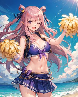 1girl,solo,hatsunesummer,large breasts, purple bikini, cropped vest, bikini skirt,open mouth, standing,cowboy shot, 
 <lora:HatsuneSummerV1:1>,holding pom poms, one eye closed, smile,pom pom \(cheerleading\),