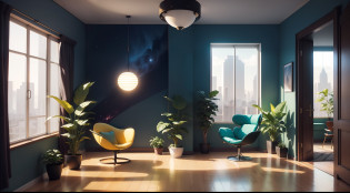 there is a bedroom with a bed and a chair in it, solarpunk room, solarpunk bedroom background, cozy retrofuturism 9 0 s bedroom, solarpunk decoration, solarpunk retro apartment, solarpunk interior, solarpunk teen room, galaxy themed room, futuristic d�cor, solarpunk children's room, solarpunk apartment, solarpunk environment, solarpunk apartment, in a solarpunk themed room, solarpunk looking living room,  many plants