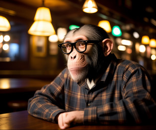 A bespectacled hipster chimpanzee, sad in a bar, plaid flannel shirt, dark environment, low lighting, intricate, volumetric light, discreet, film style, kodak film, film appearance, high resolution, photographic, photographic, hyper realistic, photorealistic, highly detailed