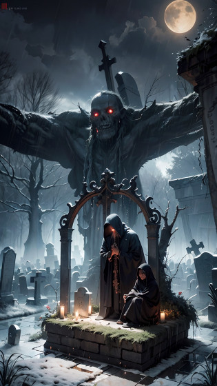 photorealistic, best quality, masterpiece, rainy graveyard, spirit dark theme, dim light, nether, chthonian, gloominess