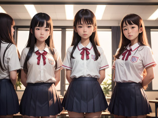 several girls in school uniforms stand in a row with their hands together, Japanese school uniform, wearing Japanese school uniform, Japanese high school, seifuku, Japanese girl school uniform, wearing school uniform, wearing a school uniform, jk uniform, high school girls, looks sad and solemn, wearing a short skirt, high school, in a row