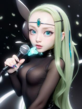 finely detailed beautiful eyes and detailed face, detailed, high resolution illustration, high quality, colorful, masterpiece, best quality, 8k resolution, <lora:meloetta-10:0.7>, white skin, green hair, blue eyes, musical note, microphone, black dress, a music note-shaped headset with a microphone, Pokemon, meloetta, meloettta, meloetta \(aria\),