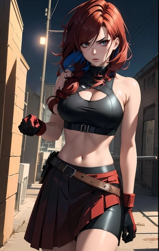 ((((dramatic))), (((gritty))), (((intense))), anime character, 1girl, solo, dark red hair, tied up hairstyle, wearing gloves, wearing a crop top, wearing a skirt, modern art, hair covering eye's, , beautiful face, beautiful eye's, vibrant colors, night, highest quality digital art, Stunning art, wallpaper 4k, 8k, 64k, HD, unparalleled masterpiece, dynamic lighting, cinematic, epic