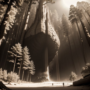 (extremadamente detallado, obra maestra, La mejor calidad, Tono sepia), un gigante con un hacha camina por un bosque. meteorito en el suelo, agujero profundo, Giant crater. burned trees. Oggre hidden among the trees. Daytime Lighting.