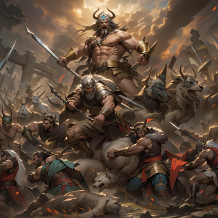 (La mejor calidad, Altas Resoluciones, fotorrealista:1.37), ultra detallado, Hachas de guerra vikingas, resplandor celestial, Guerreros feroces, Antiguos campos de batalla, Guerreros de los dioses, Epic showdown, potencia intensa, Historical war, Dramatic lighting, Mystical aura, Armas divinas, Mythical battlefields, Lucha legendaria, Campeones heroicos, Fearless warriors, Leyendas antiguas, grito de guerra, Triunfo y gloria, immersive atmosphere, Epic combat, Escena impresionante, Mythical warriors, Old Norse, film-like composition, intense energy, Mythical heroes, mythical creatures, Fierce determination, Awesome action, dynamic poses, Choque monumental, Ethereal Beauty, Mythical realms, Mythical force, Divine Intervention,bestias sobrenaturales,guerra de mundos,minotauro,hidra,centauro,bestias magicas,montruos terorificos,fierras