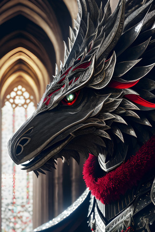 extremely detailed 8k wallpaper), intricate, highly detailed, dramatic, The Dragon Lord wears highly detailed black steel shoulder pads that look like dragon heads and are adorned with shimmering silver trimmings and ornaments, an overlying gray cloak with an extremely beautifully detailed large hood that goes deep drawn into the young bearded face, extremely detailed gray feathered wings with translucent velvety red membranes, insanely realistic graphics, insanely detailed details, ultra realistic and highly detailed heavy black steel armor with lustrous silver glitter detailing on a silver gray tunic, extremely detailed heavy black armor Steel gloves, steel boots with reinforced shiny silver decorations, in a vaulted hall during the leisurely stroll through the somber cathedral on a red velvet carpet, (shown perspective from above) during the passage of a sombre, multi-windowed vaulted passageway through the gleaming light falls,