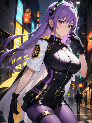 complex anime 3d render ultra detailed, (((masterpiece))), (((best quality))), ((ultra-detailed)),(3D Cartoon rendering),(from side),cinematic light,((single mechanical girl,alone)),({best quality}),(Ultra Fine),(full detail),delicate youthful face,well_developed curves,hourglass_figure,perspective,beautiful_face,high_quality_outfits,futuristic_outfits,silght_blush,full_body,full detail face,protective outfits,Honkai_Star_Rail,anatomical,Ray Tracing,Isomeric_view,;

(purple hair with dark purple syreaks:1.5),indigo hair tips,two strand of deep violet hair framing face,violet ahoge, (waist-length flowy hair sorted into two parts on back),(one sharp triangle-shaped white mechanic head ornament at left side,tilting inwards);?glowingreflective amber to yellow gradient eyes:1.9, cross pupil),yellow goggle on headwear,golden hexagon necklace

Futuristic dress outfit,mechanic gadgets,elegant and modest outfits,black collar,black long slender sleeves,white short cape on back,black arm bracers,white bracelets,black gloves,white vest,white tanktop with violet lines,black mechanic corset with a pair of golden buttons,golden square badge on breast,violet zipper,violet traces, violet gadget holster attached to waists,white waist pack,violet waistband,(white scifi armor skirts,knee-length asymmeric segmented hems),(black streamline plain tassets),violet knee-length dress,black shorts,(black and violet pantyhose),golden mechanic gartener belt around left leg,silver waistband with gadget holsters,knee bracers;silver mechanic boots,heeled boots;

calm expression,brooding,stretching hands,standing,looking forwards
Night,alone in streets of neon-lit scifi city in background,in burstling streets,raining weather,silpery streets,silghtly raining,tyndall effect,standing on pavement