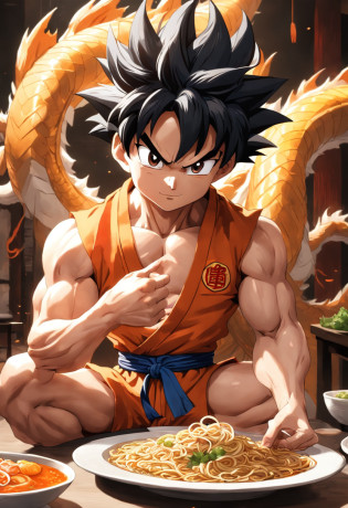 Dragon bola goku?Grande macaco, retrato de corpo inteiro?de um real?Facial features are carefully described?textura de pele realista?Estilo escuro?profundidade de campos?Luz alta?luz real?Traching de raias?oc renderizado?hyper-realistic?melhor qualidade?8k?Obras de mestres?super-fino?pelos pubianos detalhados?anatomia correta?sharp focus on eyes?Facial features are carefully described. Goku enjoying Chinese noodles in a restaurant