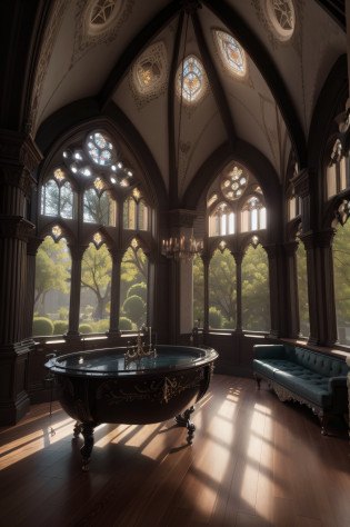 Vista Frontal do Quarto AraFed com piscina e uma grande janela com vista para um pomar, gothic interior, gothic revival, gothic building style, inspiring gothic architecture, gothic mansion, Gothic Mansion Room, gothic aesthetic, Gothic style, arquitetura requintada, gothic influence, gothic architecture, Neo-Gothic concept, Inside the epic Gothic mansion, ominous gothic aesthetic, janelas pretas, muitas janelas grandes, stunning Gothic architecture. luz natural, Volumetric lighting, highlight lighting, Cinematics, Global lighting, Scattering, Sombras, Cintilante, Lumen reflection, Chiaroscuro, Cell shade. Canon EO 6 lente principal de 50mm, ISO 200, F/1.8. master part, best quality, foco n�tido, intrincado, ultra-detalhado, Fotorrealista. O Sombreamento, octane rendering, UHD, DSLR, 32k post-processing