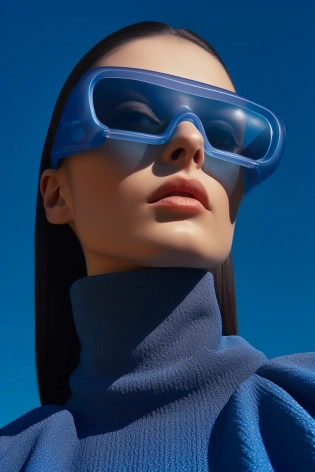 Fashion shoot, Jacquemus and Moncler collaboration: dark blue translucent futuristic sunglasses, hyper-realistic, detailed 8k, realistic --ar 2:3 --s 750