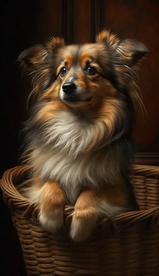 dog sits sideways on its hind legs on a wicker basket and expressively looks at the viewer :: detailed brown fur :: --ar 9:16