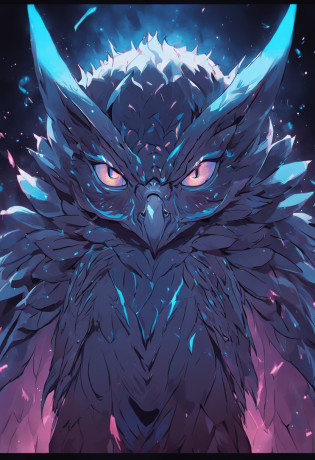 um close up de uma coruja com olhos azuis em um fundo preto, Coruja Radiante, criatura altamente detalhada, intrincado, coruja incandescente, the wisest of all owls, Grande arte digital com detalhes, coruja fofa com olhos grandes