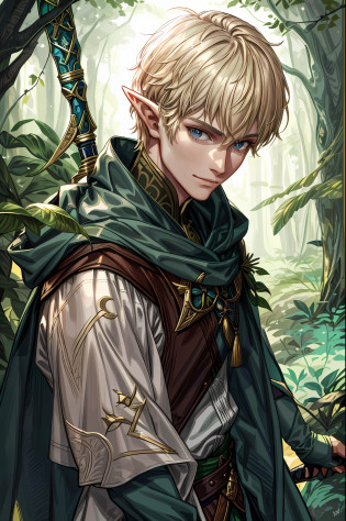 a close up of a person with a sword in a forest, a portrait of a male elf, portrait of a forest mage, a male elf, beautiful male elf, male elf ranger, male blonde elf ranger, elven male, elven character with smirk, young half elf wizard, portrait of a young elf wizard, a portrait of an elf