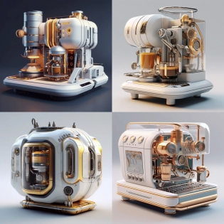 a futuristic design of coffee machine, style music box movements, in style of artstation, digital art, hyperdetailed, hyper realistic, unreal engine, white background png 4K, --ar 1:1