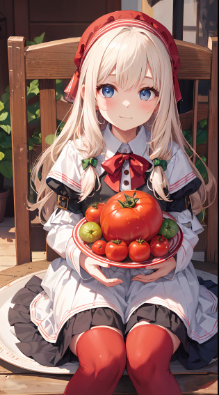 White plate, girl, dwarf, costume: Tomato, cosplay: Tomato, plush, (dwarf sitting on plate: 1.8), cute
