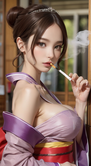 femele((25-years old)), Woman smoking cigarette in mouth, smoke coming out of her mouth, cigarette dangling, Cigarette smoke, smoking tobacco, Smoking, smoking tobacco, smoking body, gentle smoke effect, Blowing smoke, dramatic smoking pose, soft smoke, smoking woman, hair((long, Wavy, brown)), Eyes((Smart Eyes, hazelnut)), Clothes((Kimono, Purple)), Hair bun, Bold makeup, Diamond Headpiece, lipgloss, huge-breasted, huge tit,