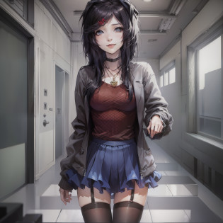DDLCYURI, HAIR ORNAMENT, HAIRCLIP, LONG HAIR, (BLACK EYES:1.1), BLACK SHORT HAIR, GRIN, SMILE, BLAZER, BLOUSE, BLUE SKIRT, JACKET, BROWN JACKET, MINISKIRT, NECK RIBBON, RIBBON, SCHOOL UNIFORM, SHIRT, SKIRT, WHITE SHIRT, WING COLLAR, CASUAL CLOTHES, GREY SWEATER, MINISKIRT, PANTS, RIBBED SWEATER, SKIRT, SWEATER, TURTLENECK, TURTLENECK SWEATER, black eyes with eyeliner, puffy black hair scene emo, short emo hair, hair ornament, hair clip, medium boobs, school uniform, jacket, short hair, pleated skirt, skirt, blue skirt, ((blush)), indoors, in a classroom, necklace cross, earrings, emo, scene, fashioncore, black stockings, emo hair, gothic, lip piercing, nasal septum, emo, visual kei