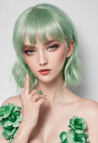 1 sexy woman?Bigboobs?Neat bangs?Light green hair with eyes?Fingers stroke your cheek?nail polish?((In the midst of a flower))
