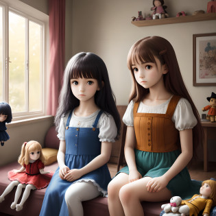 twogirls?inside a room?Play with rag dolls(A high resolution)