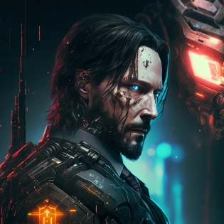 John wick, cyberpunk, photorealistic, 8k, realistic, animated, glowing blue eyes,