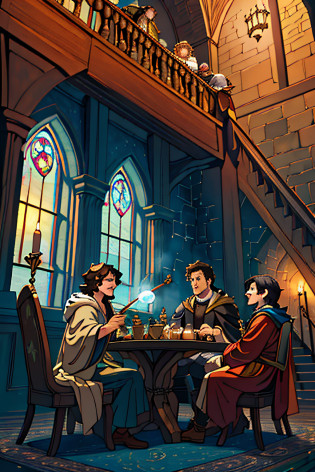 (best quality,8k,highres,masterpiece:1.2),ultra-detailed,(realistic,photorealistic,photo-realistic:1.37),Harry Potter, detailed Hogwarts castle view from the Forbidden Forest, magical atmosphere, mystical creatures, students wearing robes, wands in their hands, floating candles, enchanted paintings on the walls, moving staircases, Quidditch match in progress, golden snitch, broomsticks soaring in the air, Gryffindor common room cozy fireplace, potions class with bubbling cauldrons, Dumbledore's office with the sorting hat, breathtaking Hogwarts grounds, four Hogwarts houses, magical spells and charms, remarkable magical duels, Diagon Alley bustling with witches and wizards, majestic Great Hall with long tables and floating feast, magical creatures like centaurs, house-elves, and hippogriffs, iconic sights like the Whomping Willow and Platform 9 3/4, intense game of wizard chess, the Mirror of Erised showing deepest desires, thrilling Triwizard Tournament, Hagrid's hut filled with magical creatures, golden trio - Harry, Ron, and Hermione, epic battles against dark forces, epic wand duel between Harry and Voldemort, the magical world of Harry Potter brought to life with vivid colors and enchanting atmosphere, bewitching soundtrack, ideal portrayal of beloved characters, capturing the essence of J.K. Rowling's fantasy world.