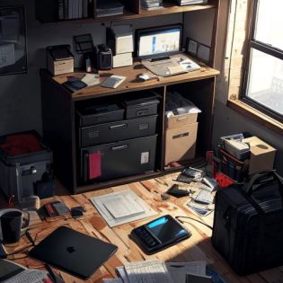 illustration, high resolution, 8k, 16k, high quality, realistic, real, 
### Depict an open (messy) black brief case containing everyday work items for a business man, items all over the floor, phone, head phones, bedroom, crime scene,
## ambiant lighting, moody lighting, vibrant