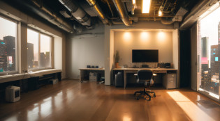 there is a desk with a computer and a monitor in a room, empty office, backrooms office space, office, picture of an interior loft, picture of a loft in morning, in a open-space working space, set inside of office, working in an office, huge office, studio ambient lighting, artstation hq, warm space, cinematic studio shot