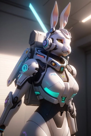 (Bunny wearing a future mech, :1. 2) pixar, pastel color, natural and realistic lighting and shading, dynamic pose, hq, ultra detail, 3D render, C4D, octane render, ray tracing, 8k, (detailed futuristic backgraund:1. 2)