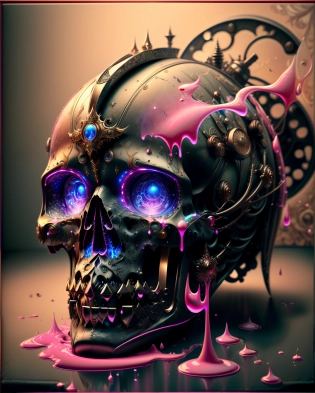 product Shot, Skull with mechanical parts and pink glowing fluid from the eyes, Sharp Focus, Extreme Detail, Gloomy Illumination , Very Intricate, Ornate Filigree<lora:reelmech:0. 6>, <lora:add_detail:1>, 8k, UHD, HDR, (Masterpiece:1. 5), (best quality:1. 5), Model: Vinteprotogenmix V20